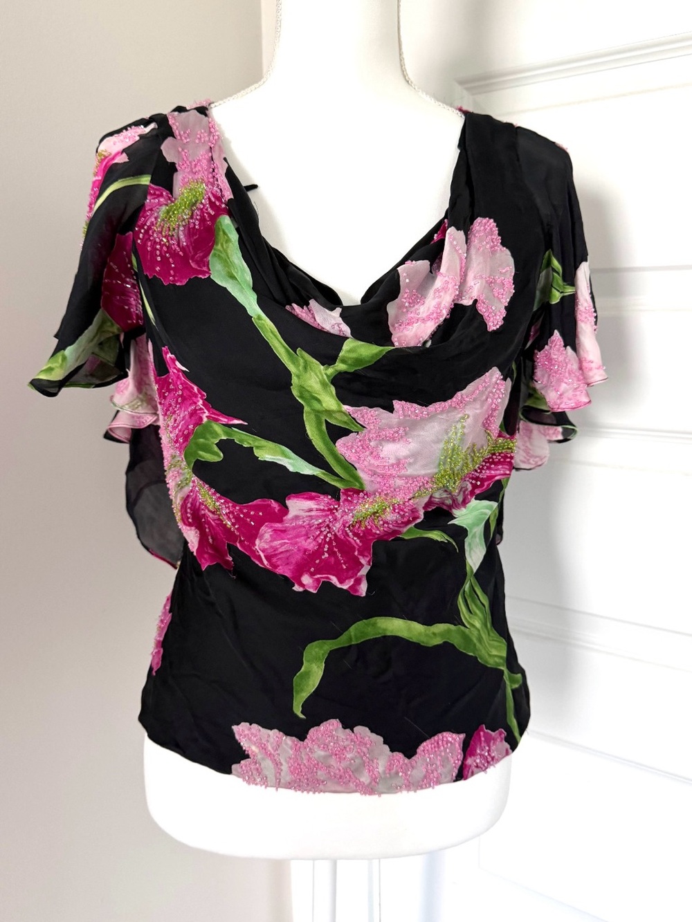 Vintage Carmen Marc Valvo Collection 100% Silk
Beaded & Embroidered Floral Blous